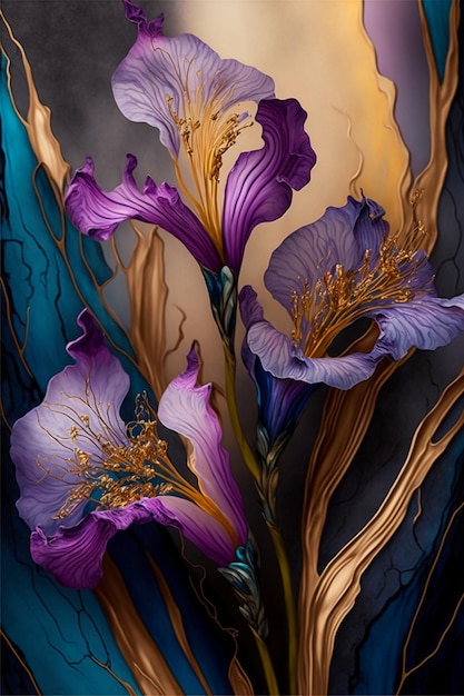Vase gefüllt mit violetten Blumen, die auf einem Tisch sitzt, generative KI