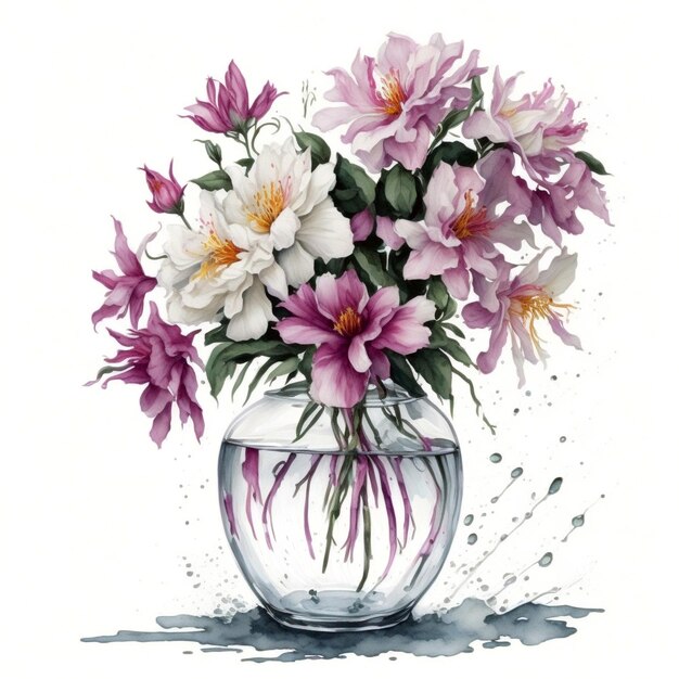 Vase mit Azaleen Clipart, weißer Hintergrund, verstreute Wasserfarbe