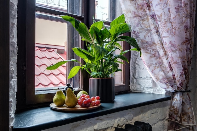 Vase mit Blumen auf der Fensterbank im alten Vintage-Stil mit Früchten oder Kerzen