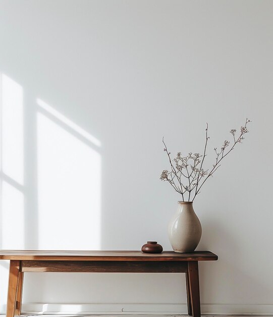 Foto vase mit blumen auf einem holztisch in einem zimmer