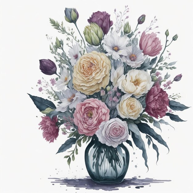 Vase mit Blumen Clipart, weißer Hintergrund, verstreute Wasserfarbe