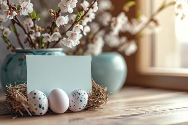 Vase mit Blumen und Eiern auf dem Tisch