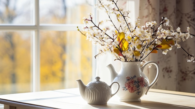 Foto vase mit blumen und teekanne auf dem tisch