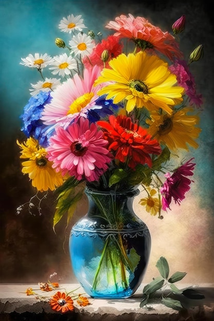 Vase mit bunten und abwechslungsreichen Blumen Creative AI