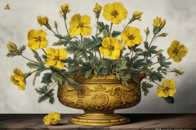 Vase mit gelben Stiefmütterchenblüten auf altem Papierhintergrund im Vintage-Stil