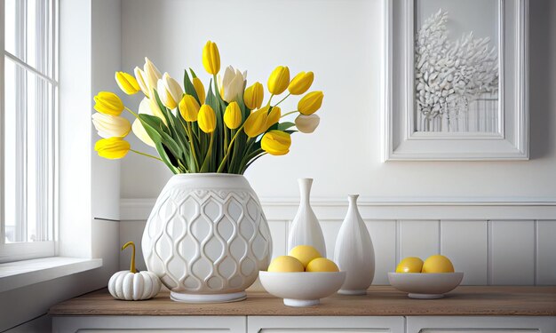 Vase mit gelben Tulpen auf dem weißen Küchentisch Frühlingsdeko Frohe Ostern Generative AI