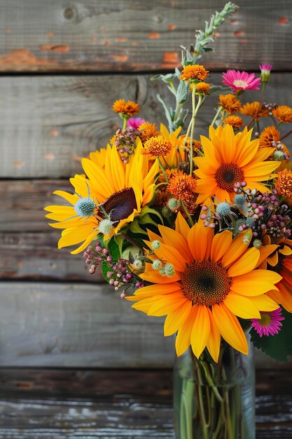 Vase mit gelben und lila Blumen