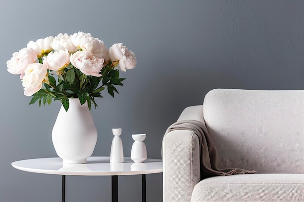 Vase mit weißen Pfingstrosen mit Couchtisch und Sessel an der grauen Wand