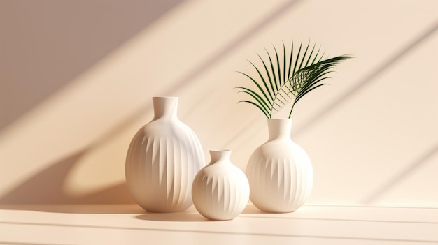 Vasen mit einer Pflanze auf beigem Hintergrund, generative KI
