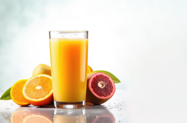 Vaso de 100 jugo de naranja con sacos de naranja y frutas en rodajas