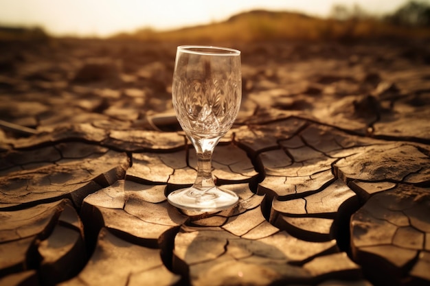 Un vaso abandonado descansa sobre un suelo árido que simboliza la dura realidad de la escasez de agua.