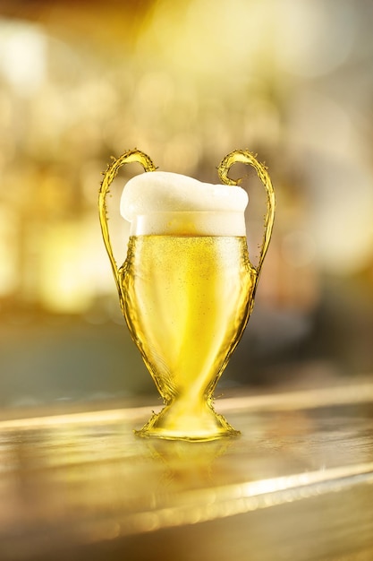 Vaso abstracto de cerveza ligera con asas en los lados hechas de contornos difusos líquidos y cabeza de espuma sobre una mesa de madera contra un fondo de barra borroso