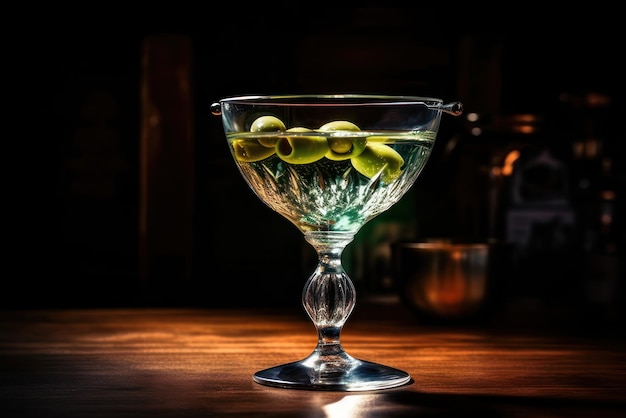 Un vaso de aceitunas verdes se asienta sobre una mesa de madera.