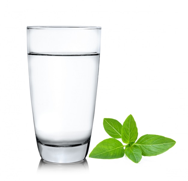 Vaso de agua con albahaca dulce aislado