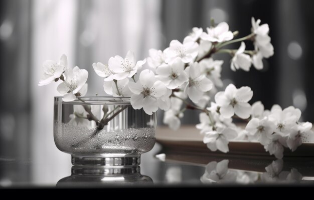 Un vaso de agua con algunas flores.