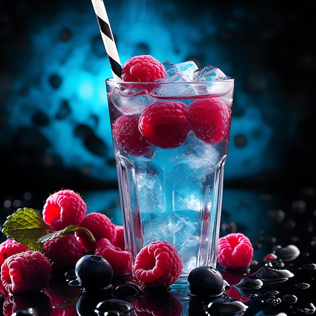 Foto un vaso de agua con una bebida con sabor a frambuesa y agua que salpica azul