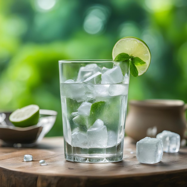 un vaso de agua con cal y cubos de hielo en él