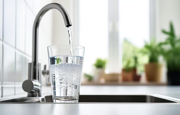 Vaso con agua clara y grifo en el fondo de la cocina