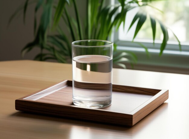 Un vaso de agua clara en una mesa en un café