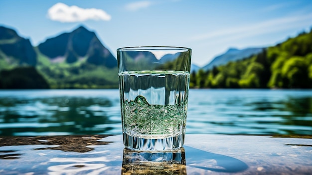 vaso de agua clara sobre el fondo de las montañas espacio para el texto