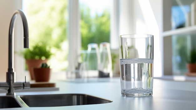 Foto el vaso de agua en la cocina está lleno de agua ai generativa ai