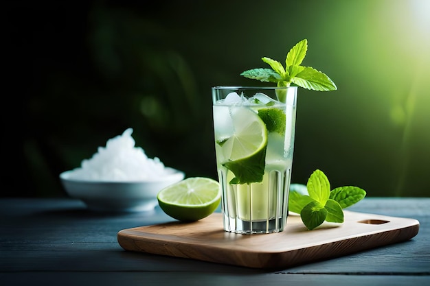 Un vaso de agua de coco con lima y menta al lado.