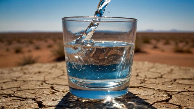 Vaso de agua con condensación en una superficie desértica agrietada tema de hidratación