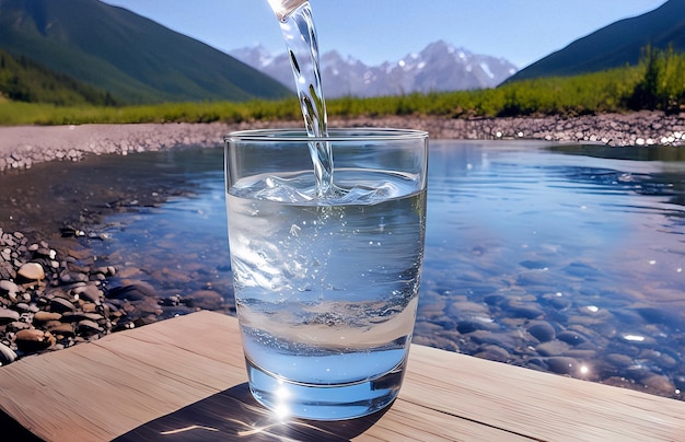 Un vaso de agua cristalina con salpicaduras contra el fondo de la naturaleza en las montañas