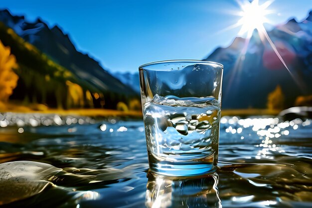 Un vaso de agua cristalina con salpicaduras contra el fondo de la naturaleza en las montañas