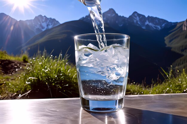 Un vaso de agua cristalina con salpicaduras contra el fondo de la naturaleza en las montañas