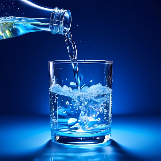 Un vaso de agua cristalina con salpicaduras en un fondo azul