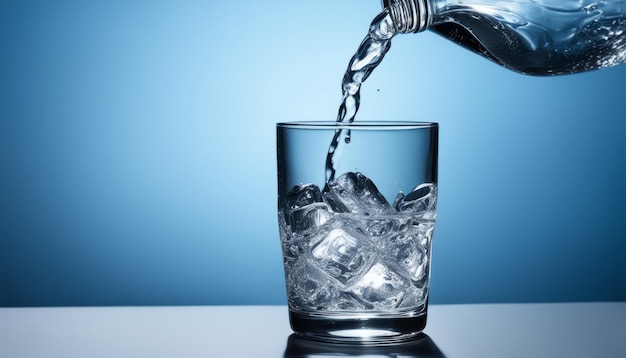 Un vaso de agua con cubos de hielo en él