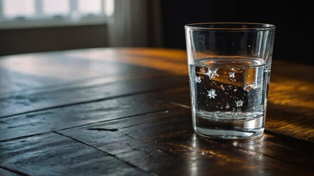 Foto un vaso de agua con cubos de hielo en un fondo gris