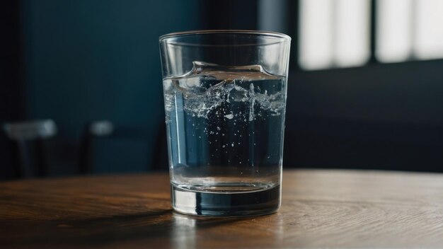 Foto un vaso de agua con cubos de hielo en un fondo gris