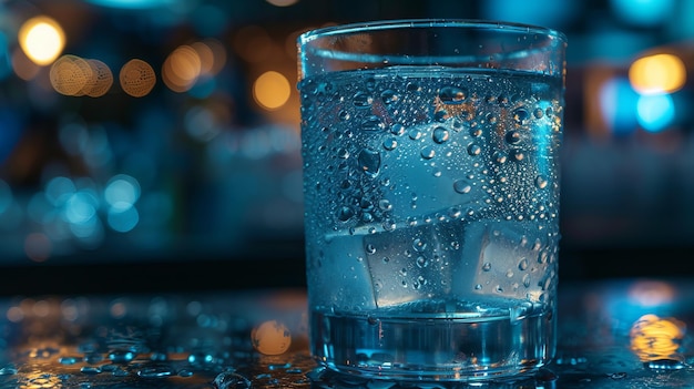 Un vaso de agua con cubos de hielo en una mesa