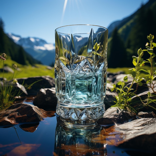 Un vaso de agua descansa sobre una roca con una montaña al fondo.