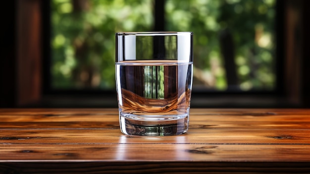 vaso con agua dulce en la mesa de madera