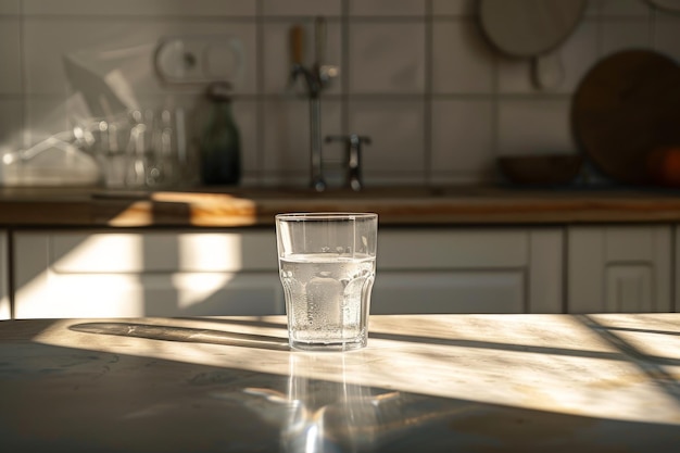 Un vaso de agua se encuentra en un piso de mármol en los rayos del sol con efecto de luz y sombra