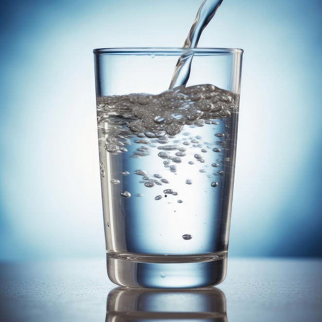 Un vaso de agua está lleno de agua y la palabra agua está en el fondo.