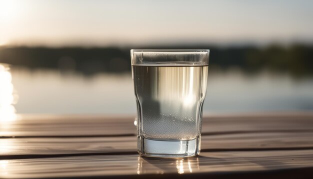 Un vaso de agua está sentado en una mesa de madera