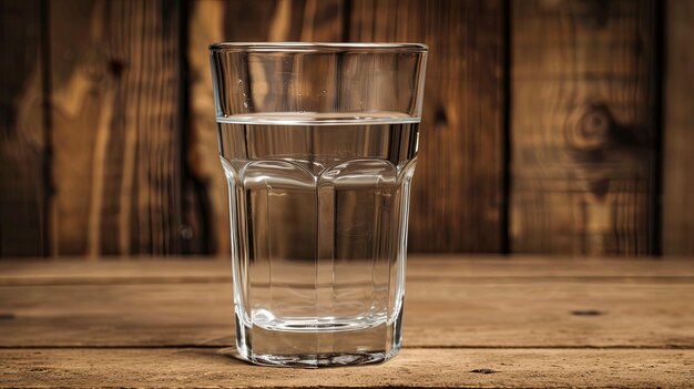 Un vaso de agua está sentado en una mesa de madera