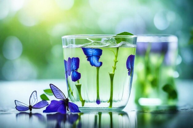 Foto un vaso de agua con una flor azul en él