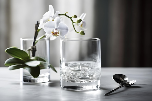 Un vaso de agua con una flor encima.