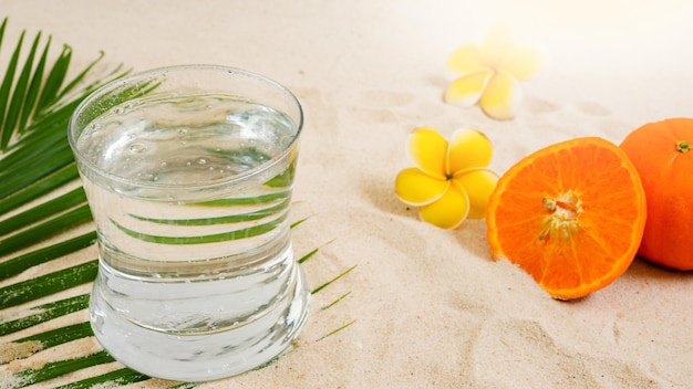 Un vaso de agua con una flor tropical al fondo