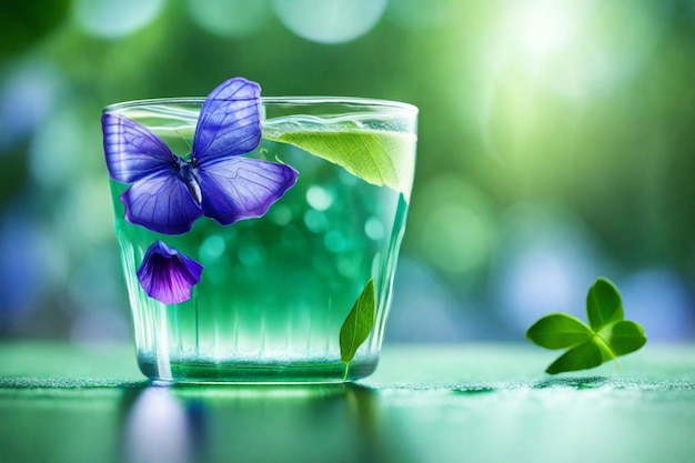 Foto un vaso de agua con flores y hojas púrpuras en él