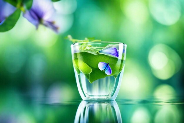 un vaso de agua con flores púrpuras en él y un fondo verde