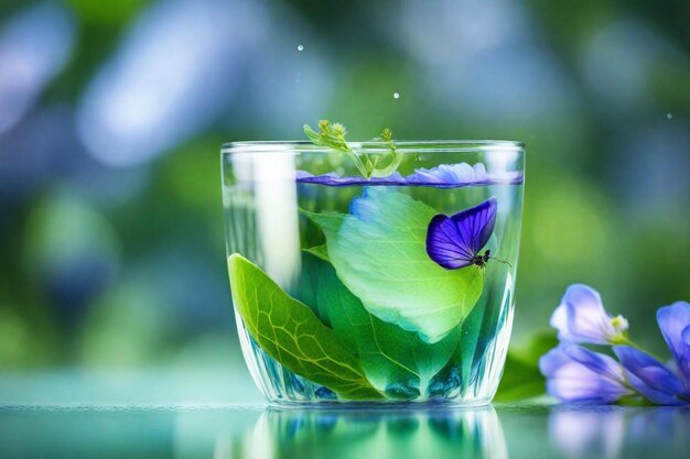 un vaso de agua con flores púrpuras en él y un vidrio de agua en él