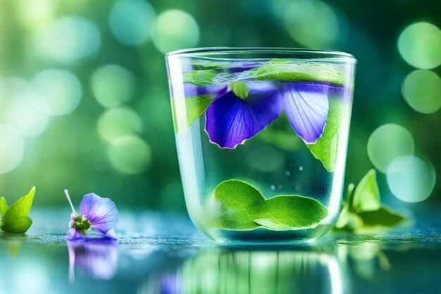 Foto un vaso de agua con flores púrpuras en él y una flor púrpura en él