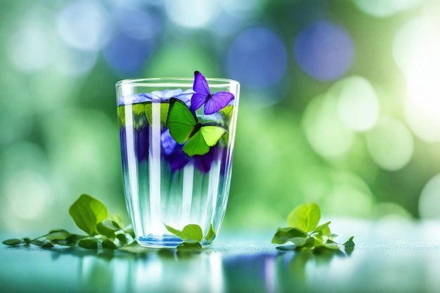 un vaso de agua con flores púrpuras y hojas en una mesa