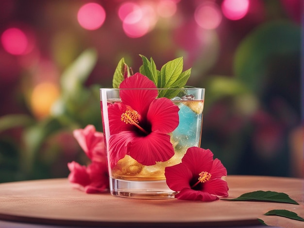 Foto un vaso de agua con flores rojas y una flor en él